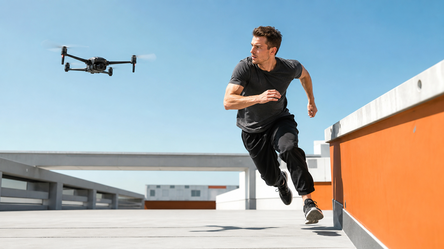 A parkour athlete tracked by a cinema drone across modern rooftops